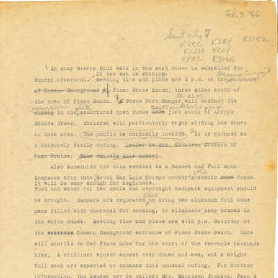 Press Release about Upcoming Sierra Club Outings at the Dunes, February 3 - 1966