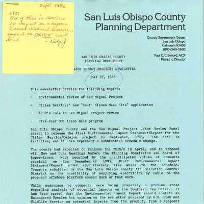 San Luis Obispo County Planning Department newsletter detailing major energy projects - May 27 - 1986