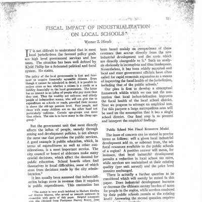 "Fiscal Impact of Industrialization on Local Schools" - by Werner Z. Hirsch, sent to Kathleen Goddard Jones from Robin Ives