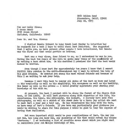 Letter to Pam and Wally Simons asking for information about Bert Schievink
