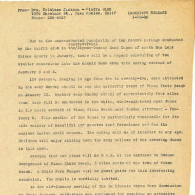 Press release about upcoming outings in the dunes - January 30 - 1966