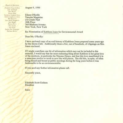 Letter from Elizabeth Scott-Graham to Eileen O'Reilly of Traveler Magazine requesting the nomination of Kathleen Goddard-Jones for an environmental award - August 9 - 1990