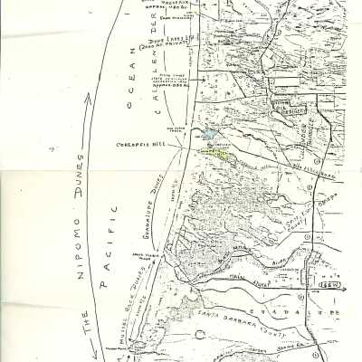 Map of the California coastline from Pismo State Beach to Point Sal State Beach, highlights landmarks of the dunes