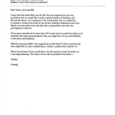 Email to Jack Beigle from Oonagh Duggan requesting a memory of Kathleen Goddard Jones, Thursday October 4, 2001 14:25:55 Subject: Dunes News articles on Kathleen, Response included from Jack Beigle October 15 - 2001