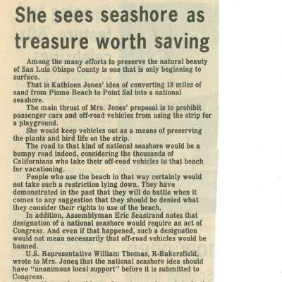 "She sees seashore as treasure worth saving" - San Luis Obispo County Telegram-Tribune article - March 20 - 1985