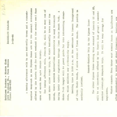 Press release from the Sierra Club about upcoming outings in the dunes - January 15 - 1966
