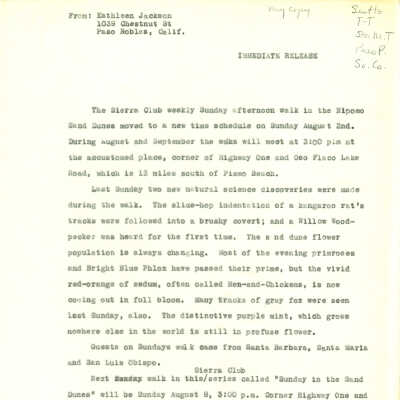 August, Press release from Kathleen Goddard- - 1965