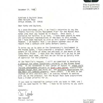 Letter letter from Don Coppock to Kathleen Goddard-Jones regarding the California Coastal Conservancy's "Energy Facility Siting Management Plan" - December 31 - 1984