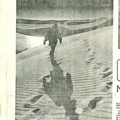 Photo of Kathleen Goddard-Jones hiking at Oso Flaco Lake, taken by Wayne Nicholls, Newspaper clipping