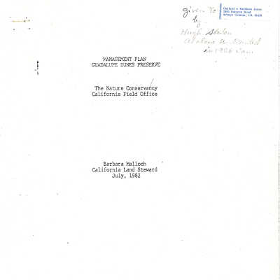 July 1982. Management Plan Guadalupe Dunes Preserv