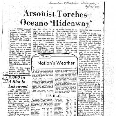 Article titled "Arsonist Torches Oceano Hideaway, "