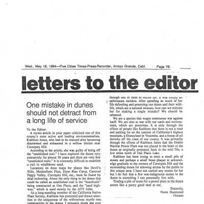 "One mistake in dunes should not detract from a long life of service" Letter to the editor by Norm Hammond, deffending Kathleen Goddard Jones, Wednesday, May 18, Five Cities Times-Press-Recorder, Arroyo Grande, CA - 1994