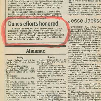 "Dunes efforts honored" - Kathleen Goddard-Jones awarded "citizen of the year" - San Luis Obispo County Telegram-Tribune, March 3 - 1990