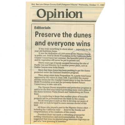 "Preserve the Dunes and Everyone Wins" - San Luis Obispo Telegram Tribune editorial Discusses efforts of Kathleen Goddard-Jones to protect the dunes - October 11 - 1989