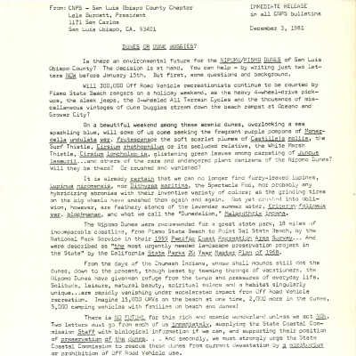Sierra Club Press Release about environmental destruction caused by off-road vehicles on the dunes - December 3 - 1981