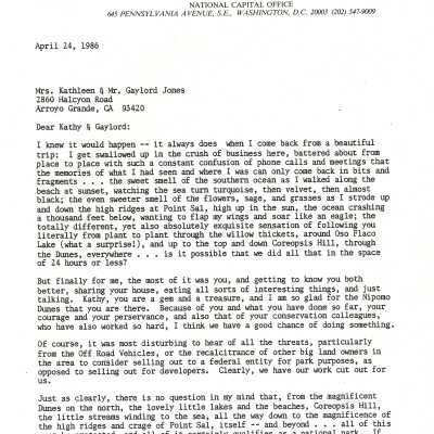 Letter to Kathleen Goddard-Jones and Gaylord Jones, thanking them for their hospitality and their work - April 24 - 1986