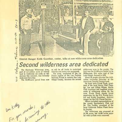 "Second wilderness area dedicated" - San Luis Obispo County Telegram-Tribune article - November 12 - 1984
