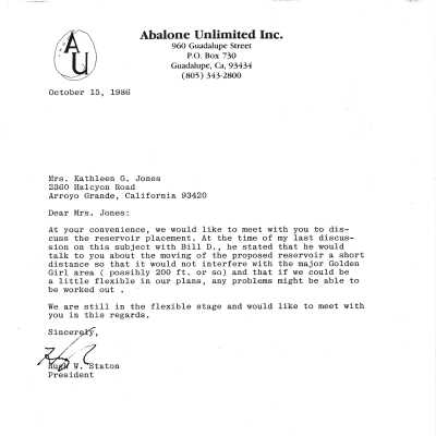1986. Letter from Hugh W. Staton, Pres - October 15
