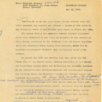 Press release about a Sierra Club hike - May 21 - 1966