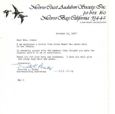 1977. Letter from Morro Coast Audubon - October 31