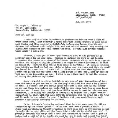 Letter to Angus D. Crites asking for information about Bert Schievink
