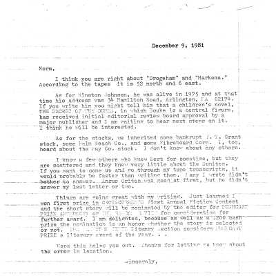 Letter to Norm Hammond discussing details about th