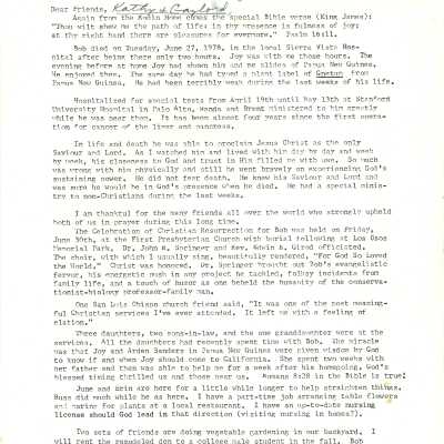 Letter from Elva Rodin (wife of Robert Rodin) to Kathleen Goddard Jones and Gaylord Jones announcing the death of and service for Robert Rodin - July 31 - 1978
