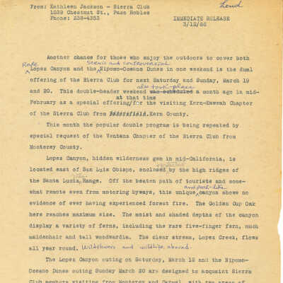 Press release from Kathleen Goddard-Jones about a Sierra Club hike - March 12 - 1966