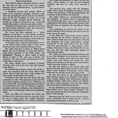 "Gaylord Jones: Dunes pioneer remembered" by Karen White, Friday, September 6, Santa Maria Times - 1991