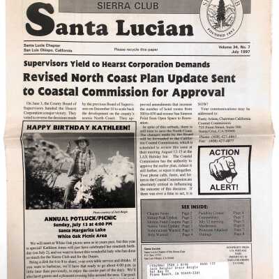 Annual Birthday Potluck invitation for Kathleen Goddard Jones at Santa Margarita Lake, Sierra Club Santa Lucian, Santa Lucia Chapter San Luis Obsipo, CA, Volume 34, No. 7 - July 1997