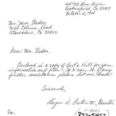 Letter from Angus D. Crites, executor of Bert Schi