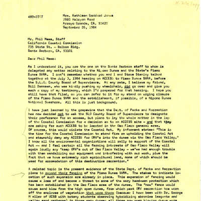 1984. Letter to Phil Mees, staff at - September 26