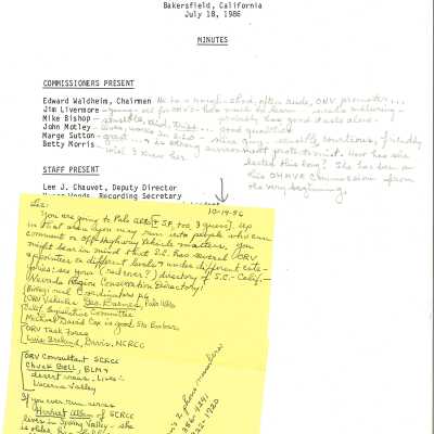 California Off-Highway Motor Vehicle Recreation Commission meeting minutes, includes notes from Kathleen Goddard-Jones - July 18 - 1986
