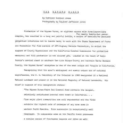 "The Nipomo Dunes" - by Kathleen Goddard Jones - for publication in Freemontia January 1984 issue.
