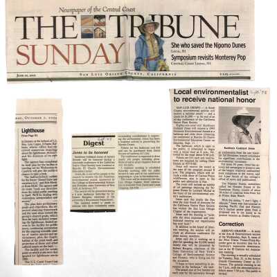 Various Newspaper clippings honoring Kathleen Goddard Jones, "Local enviornmentalist to receive national honor" September 1993 and "She who saved the Nipomo Dunes", June 10, The Tribune San Luis Obispo County - 2001