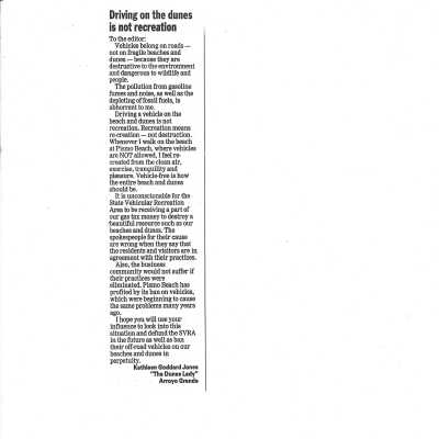 "Driving on the dunes is not recreation" Letter to the editor by Kathleen Goddard Jones, Undated newspaper clipping