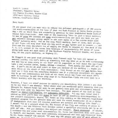 Letter from Kathleen Goddard-Jones to Kurt Larson, chairman of the Arguello Group of the Los Padres Chapter of the Sierra Club - July 22 - 1974