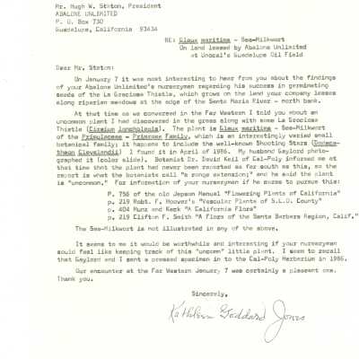 Letter from Kathleen Goddard-Jones to Hugh W. Stanton, President of Abalone Unlimited regarding an uncommon plant - January 14 - 1990