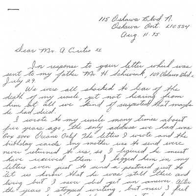 Letter to Angus Crites from Bert Schievink's niece, Geraldine Rupke. - August 11, 1975 - 2023.01.56