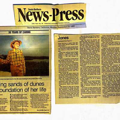 "Shifting sands of dunes are foundation of her life" by Stephabie Flnucane, photo of Kathleen Goddard Jones included, Monday, September 13, Santa Barbara News-Press - 1993
