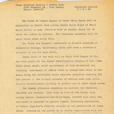 Sierra Club Press Release, a series of dunes outings - March 8 - 1966