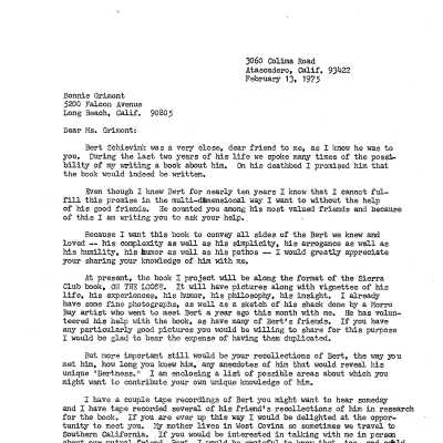 Letter to Bonnie Grimont asking for information about Bert Schievink