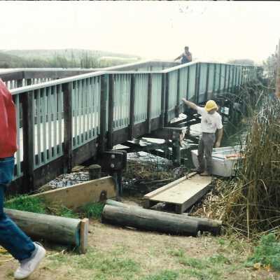 Construction of boardwalk over Oso Flaco Lake, 1994 - 3.5" x 5" color photograph