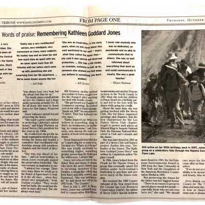 "Words of praise: Remembering Kathleen Goddard Jones" Article by Jerry Bunin, Thursday, October 4, The Tribune San Luis Obispo County - 2001