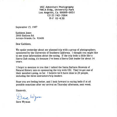 1987. Letter from Dave Wyman to Kath - September 15