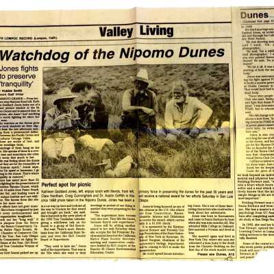 "Watchdog of the Nipomo Dunes" by Hubble Smith, photo of Kathleen Goddard Jones included, Undated, Valley Living, Lompoc Record (Lompoc, Calif.)