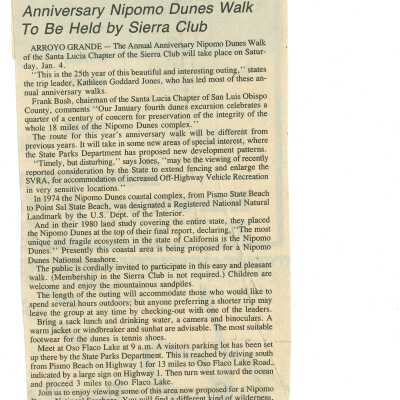 "Anniversary Nipomo Dunes Walk To Be Held by Sierra Club" - Five Cities Times-Press-Recorder article - December 27 - 1985