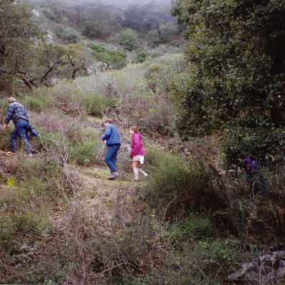 View from Pecho Coast Trail above Port San Luis Pier, The Nature Conservancy hike, in photo album from Joyce Hall - Undated 3.5" x 5" color photograph