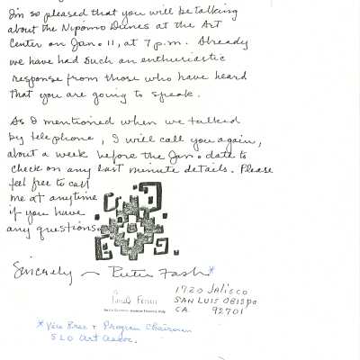 Letter to Kathleen Goddard-Jones regarding a planned talk about the dunes - December 5 - 1987