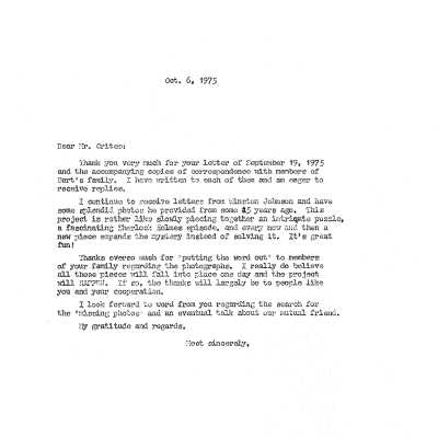 Letter to Angus D. Crites asking for information about Bert Schievink